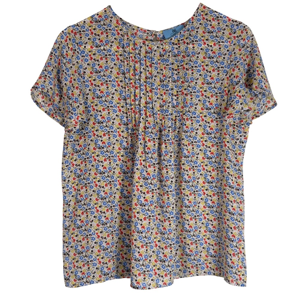 CeCe Womens XS Floral Pintuck Short Sleeve Blouse Multi Color Ditsy Print Top